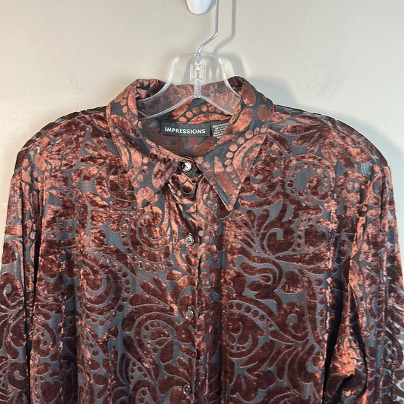 Impressions Brown Velvet Burnout Button Front Top Size XL Fairycore Whimsigoth - Picture 3 of 16
